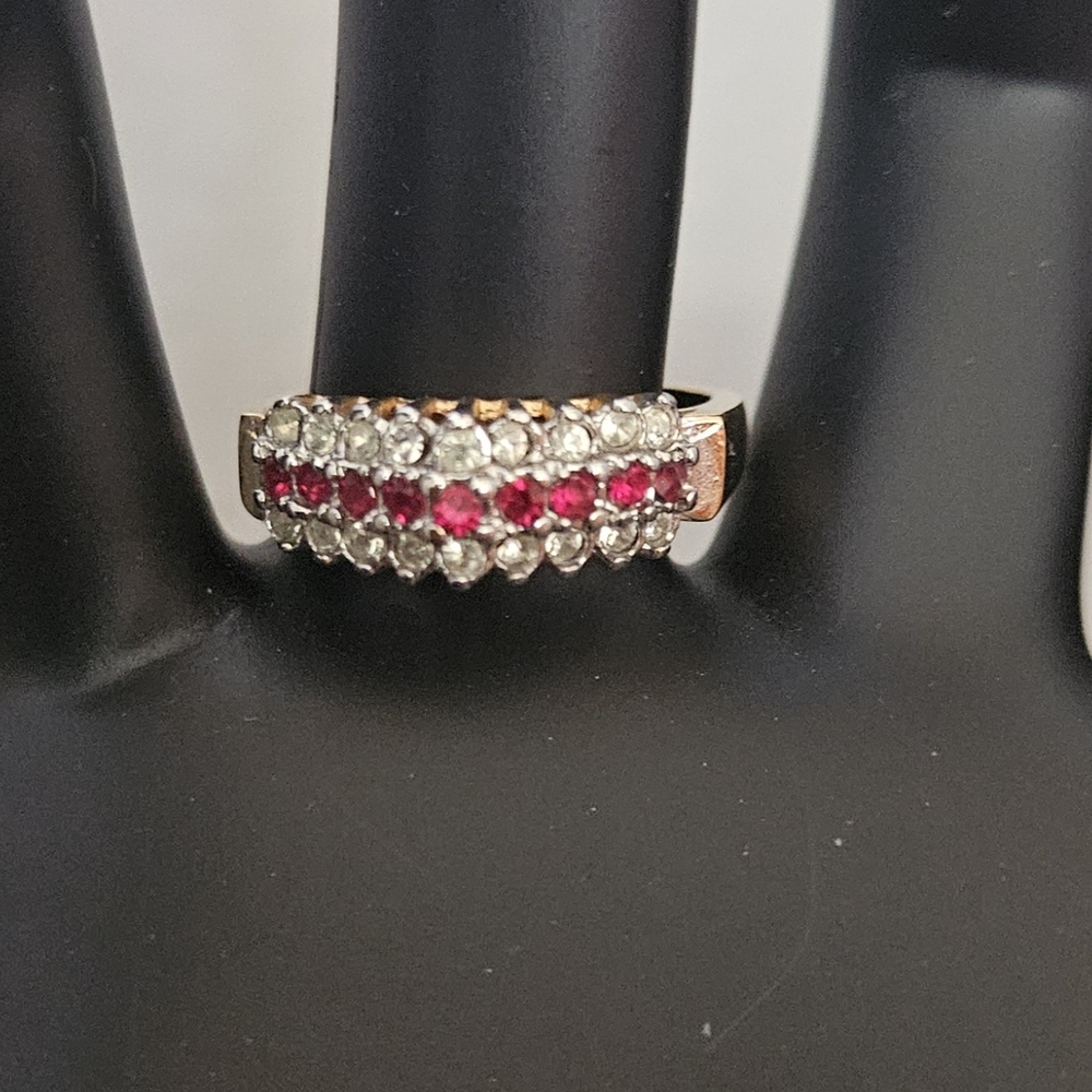 Sterling Silver Ring With Ruby-Red And Clear Ston… - image 1